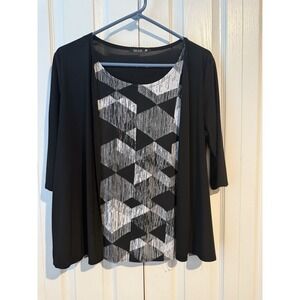 Women's Black 2-in-1 Cardigan Tank Top Attached Geometric PTP 18–20